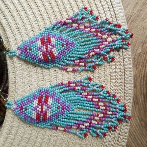 Hand beaded boho dangle earings tribal, Aztec, handmade, sead beads